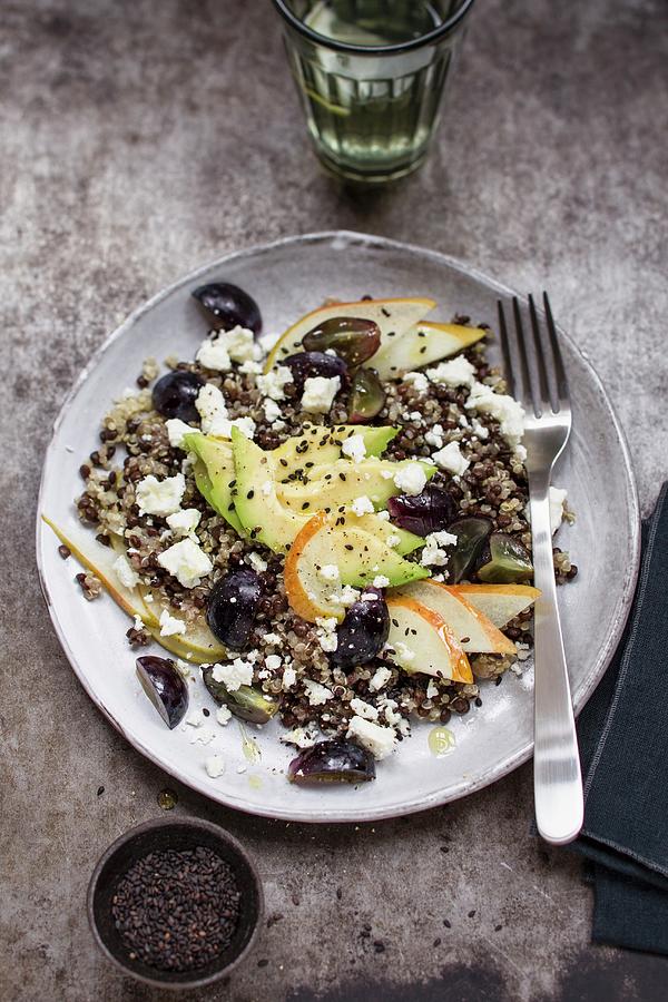 Quinoa And Lentil Salad With Avocado, Grapes And Pears Photograph by Brigitte Sporrer