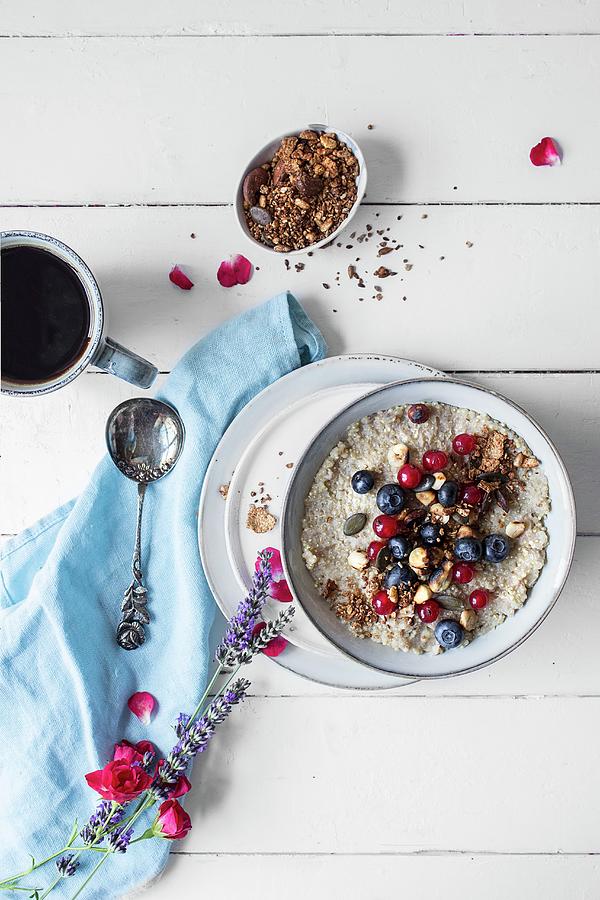 Quinoa Porridge With Fresh Berries And Cup Of Coffee Photograph by Freiknuspern