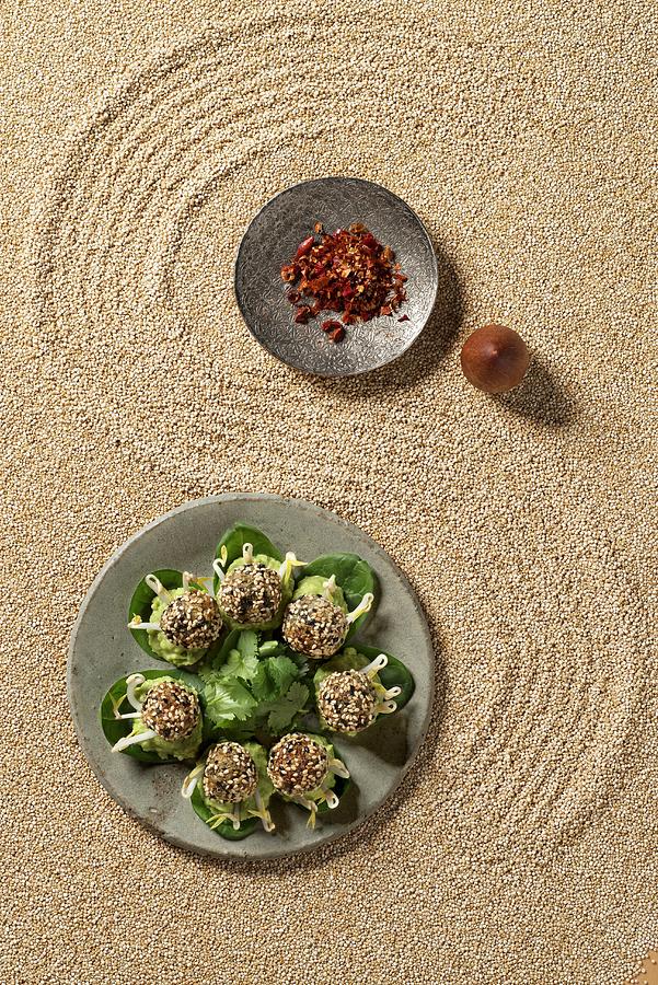 Quinoa Pralines With Bean Sprouts And An Avocado Dip Photograph by Hans Gerlach