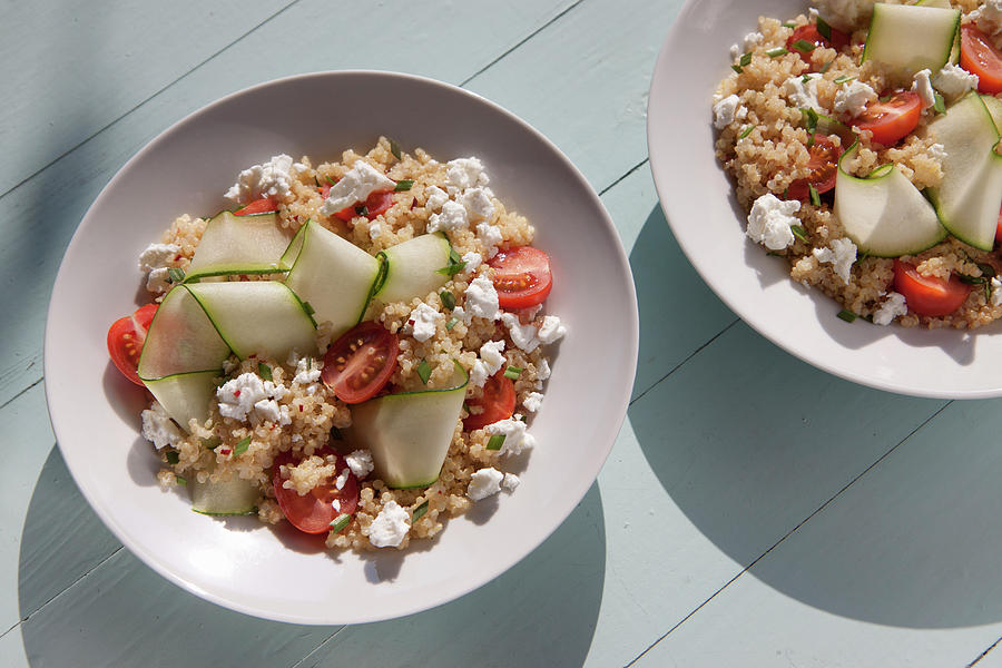 Quinoa Salad With Feta, Cherry Tomatoes, Courgette Ribbons. Garlic Chives Snipped And Chilli Pepper Photograph by Lee Parish