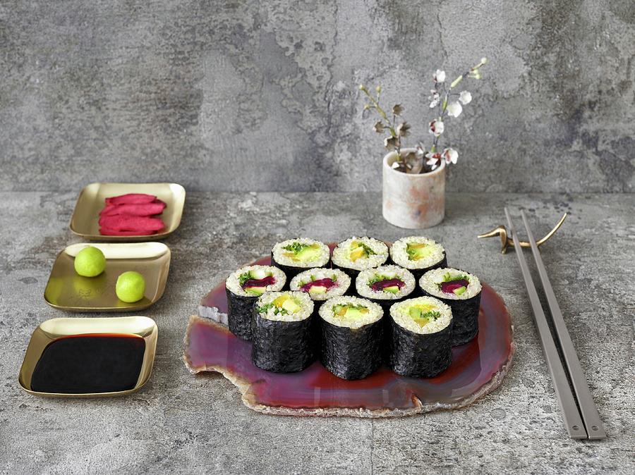 Quinoa Sushi; Vegetarian And With Smoked Salmon Photograph by Volker Dautzenberg