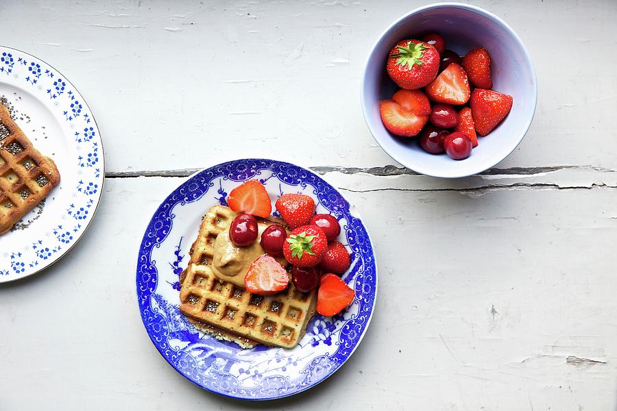 Quinoa Waffles With Strawberries And Cherries Photograph by Sophia Schillik