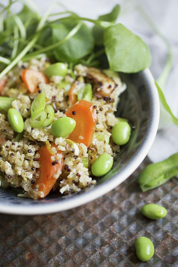 Quinoa With Baby Asparagus, Carrots, Edamame Beans And Spring Onions Photograph by Tina Engel