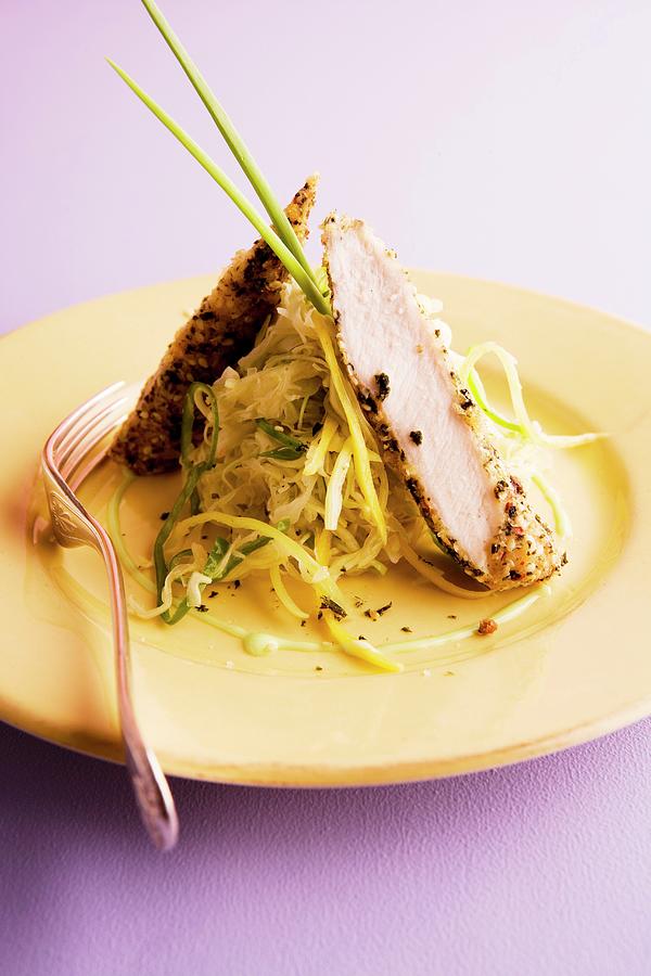 Rabbit Fillet With A Nori And Sesame Seed Crust, Wasabi And Cabbage Salad And Aioli Photograph by Michael Wissing