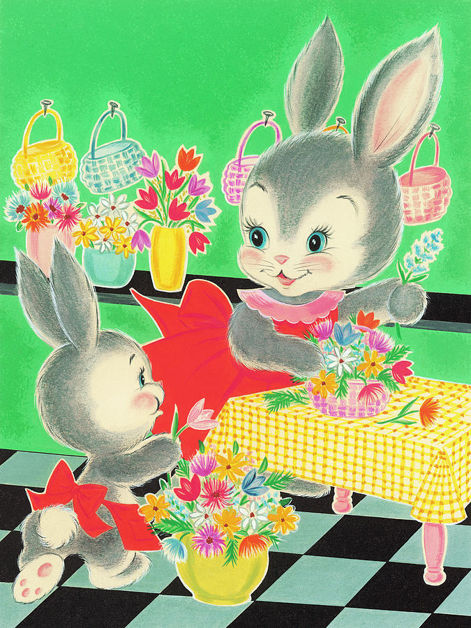 Easter Drawing - Rabbits Making Flower Baskets by CSA Images