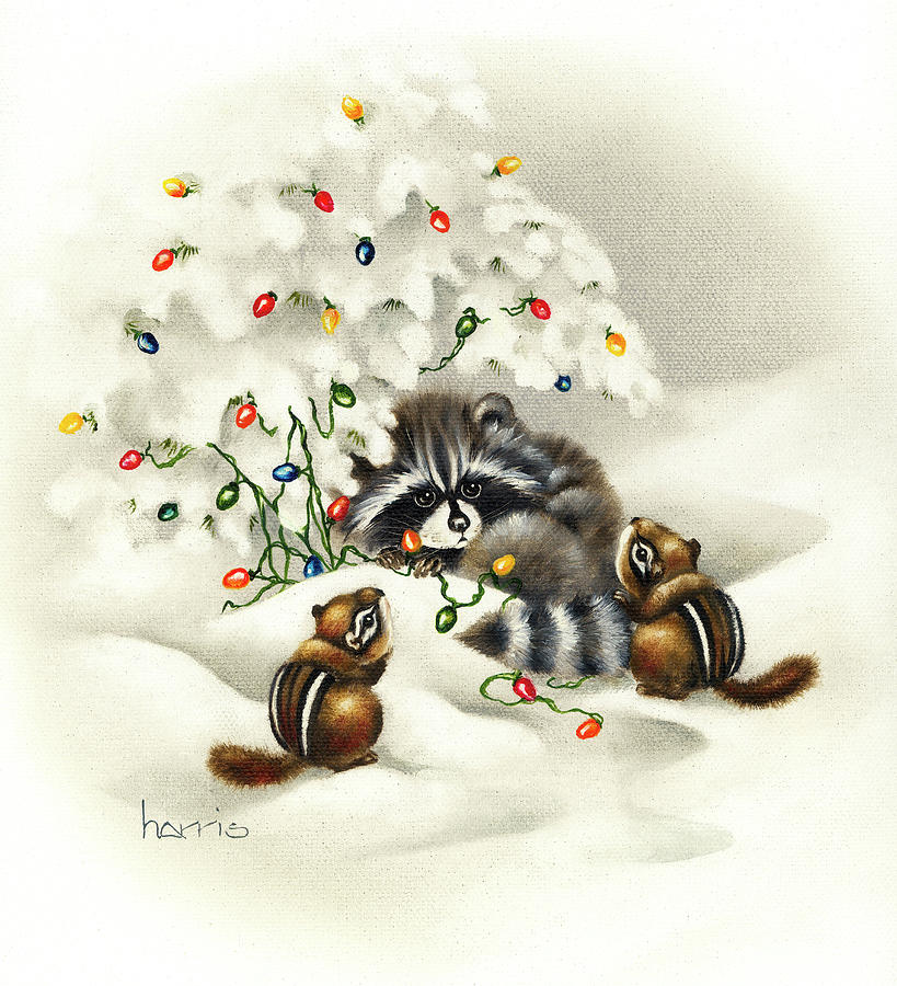 Raccoon/ Chipmunks/ Christmas Lights Painting by Peggy Harris