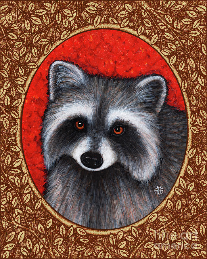 Raccoon Portrait - Brown Border Painting by Amy E Fraser
