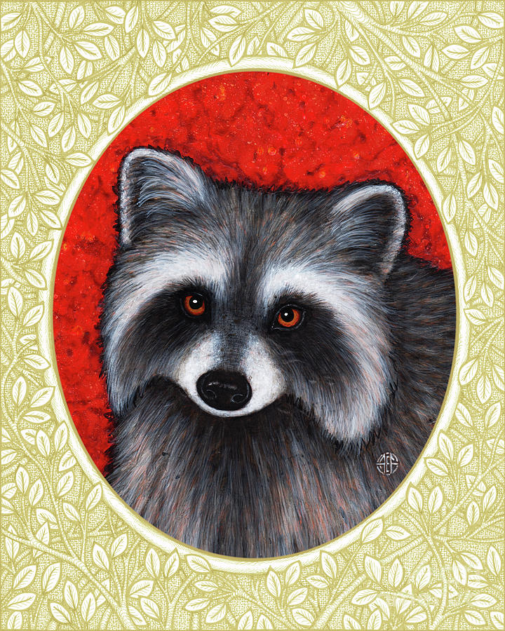 Raccoon Portrait - Cream Border Painting by Amy E Fraser