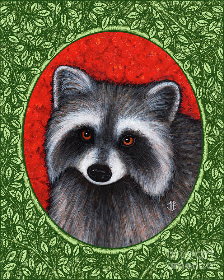 Raccoon Portrait - Green Border Painting by Amy E Fraser