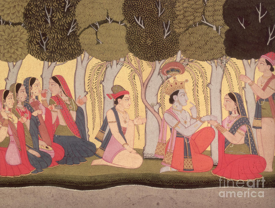 Radha And Krishna Seated In A Grove, Kulu Painting by Pahari School
