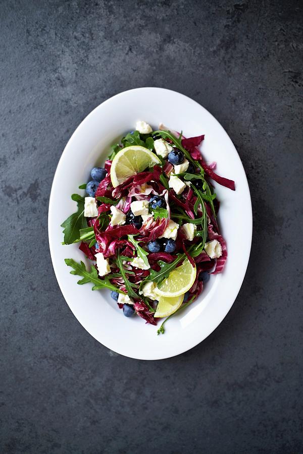 Radicchio Salad With Rocket, Feta Cheese, Lemons And Blueberries seen From Above Photograph by B.&.e.dudzinski
