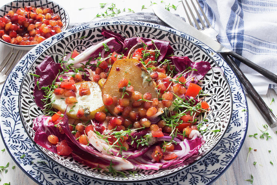Radiccio Salad With Roasted Pears And Pomegranate Topping Photograph by Charlotte Von Elm