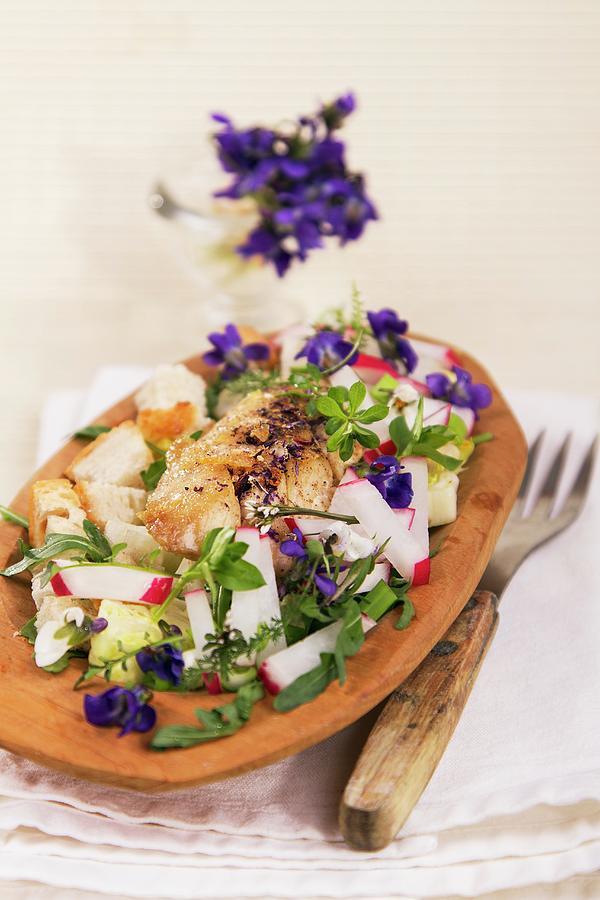 Radish Salad With Chicken, Croutons And Violets Photograph by Halmos, Monika