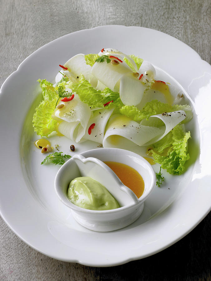Radish Strips With Lettuce, Chervil, Avocado Cream And Olive Oil Photograph by Barbara Lutterbeck