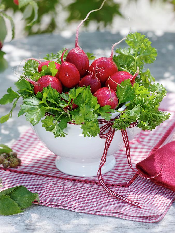 Radishes And Parsley In Soup Bowl table Decoration Photograph by Strauss, Friedrich
