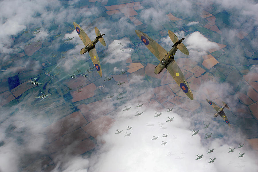 RAF Spitfires swoop on Heinkels in Battle of Britain Photograph by Gary Eason