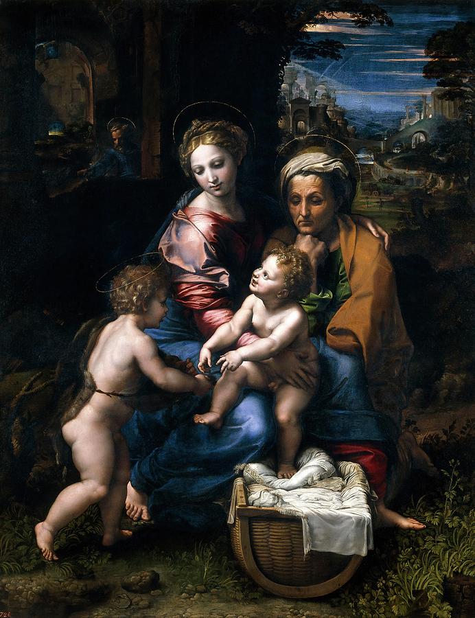 Rafael, Giulio Romano / The Holy Family, or The Pearl, 1519-1520, Italian School. VIRGIN MARY. Painting by Raphael -1483-1520- Giulio Romano -c 1499-1546-