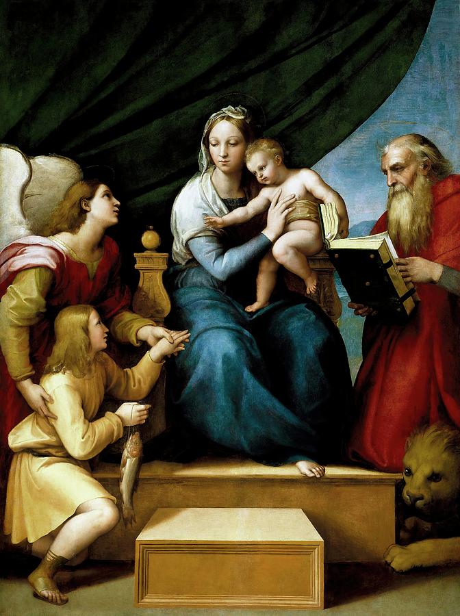 Rafael The Holy Family with Raphael, Tobias and Saint Jerome, or the Virgin with a Fish,1513-1... Painting by Raphael -1483-1520-