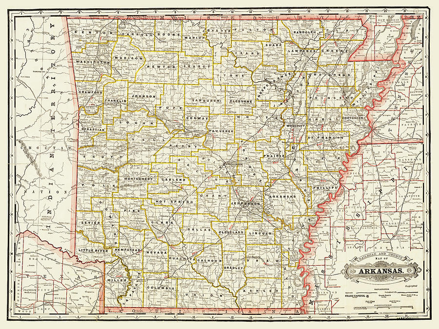 Railroad and county map of Arkansas Painting by Unknown - Fine Art America