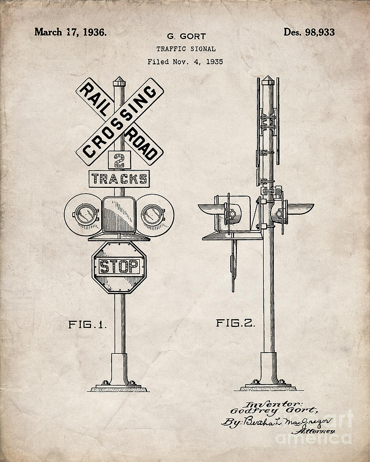 Railroad Crossing Patent, Train Crossing Art Antique Vintage Digital