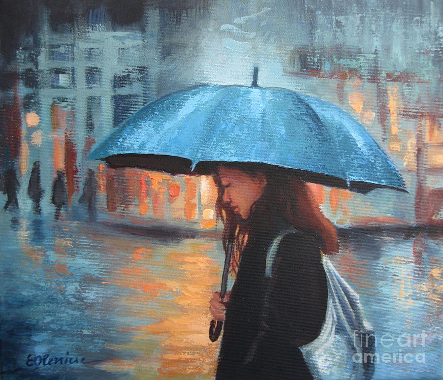 Rain, night, umbrella... Painting by Elena Oleniuc