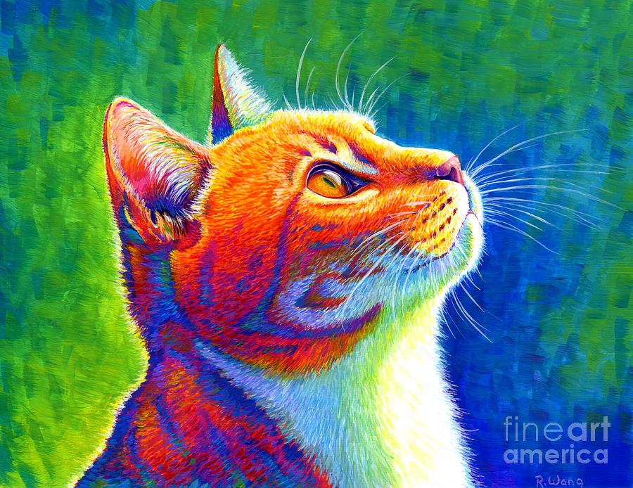Anticipation - Psychedelic Rainbow Tabby Cat Painting by Rebecca Wang