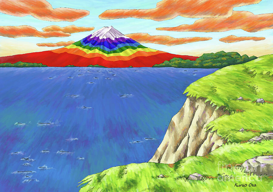 Rainbow Colored Mt  Fuji Over The Cliff , 2023 Digital Painting Digital Art by Kunio Ota