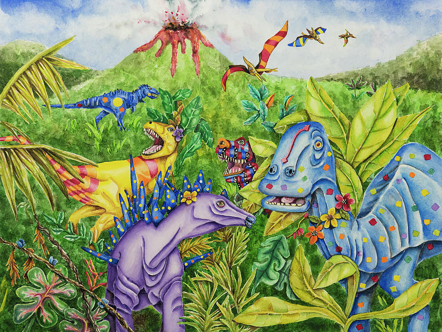 Prehistoric Painting - Rainbow Dinos by Charlsie Kelly