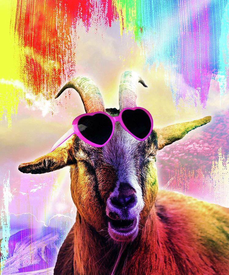 Rainbow Goat Wearing Love Heart Glasses Digital Art by Random Galaxy