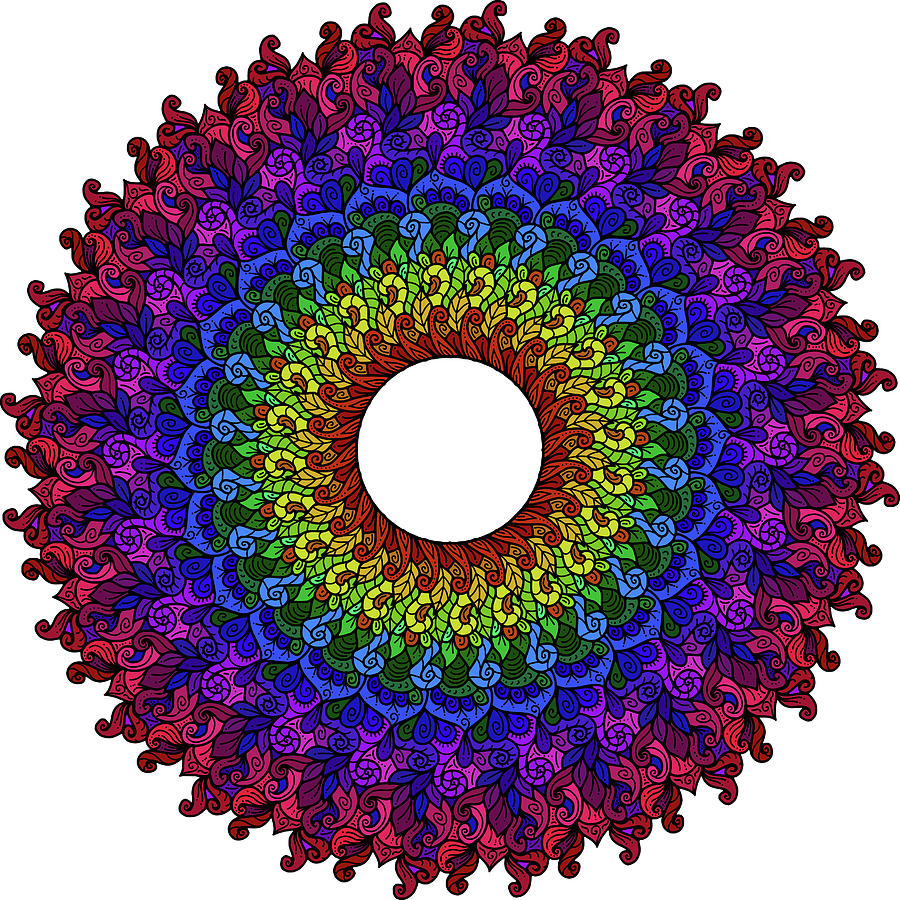 Pattern Mixed Media - Rainbow Leaves And Swirls Mandala by Delyth Angharad