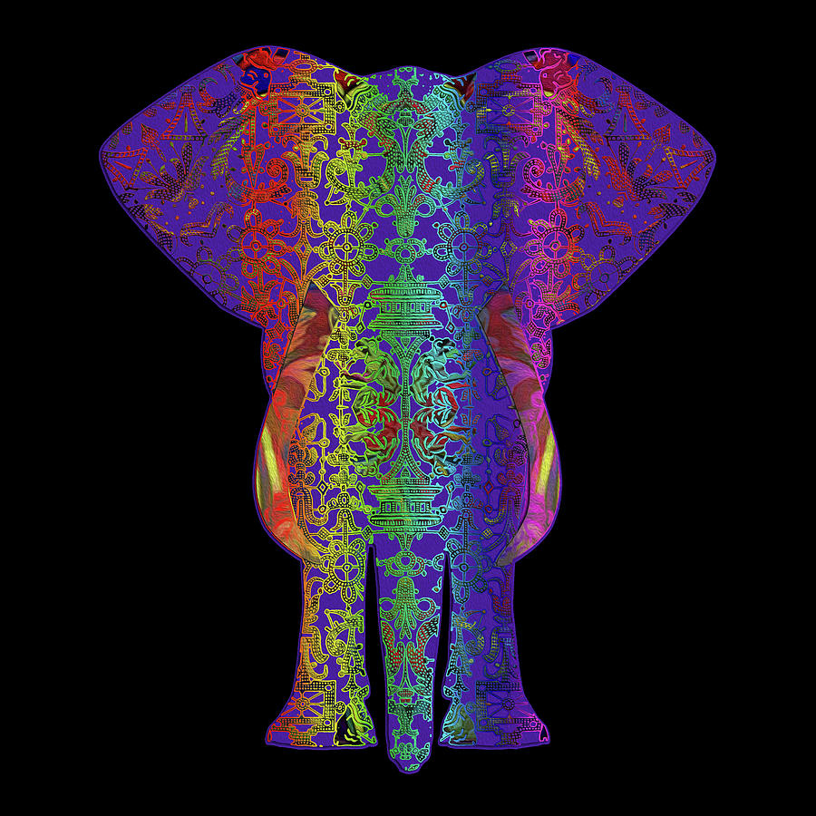 Lace Digital Art - Rainbow Purple Elephant on Black by Diego Taborda