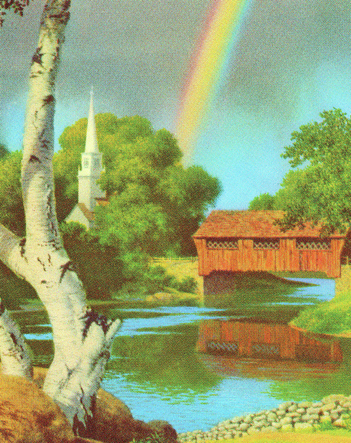 Nature Drawing - Rainbow Shining Down to a Church and Covered Bridge by CSA Images