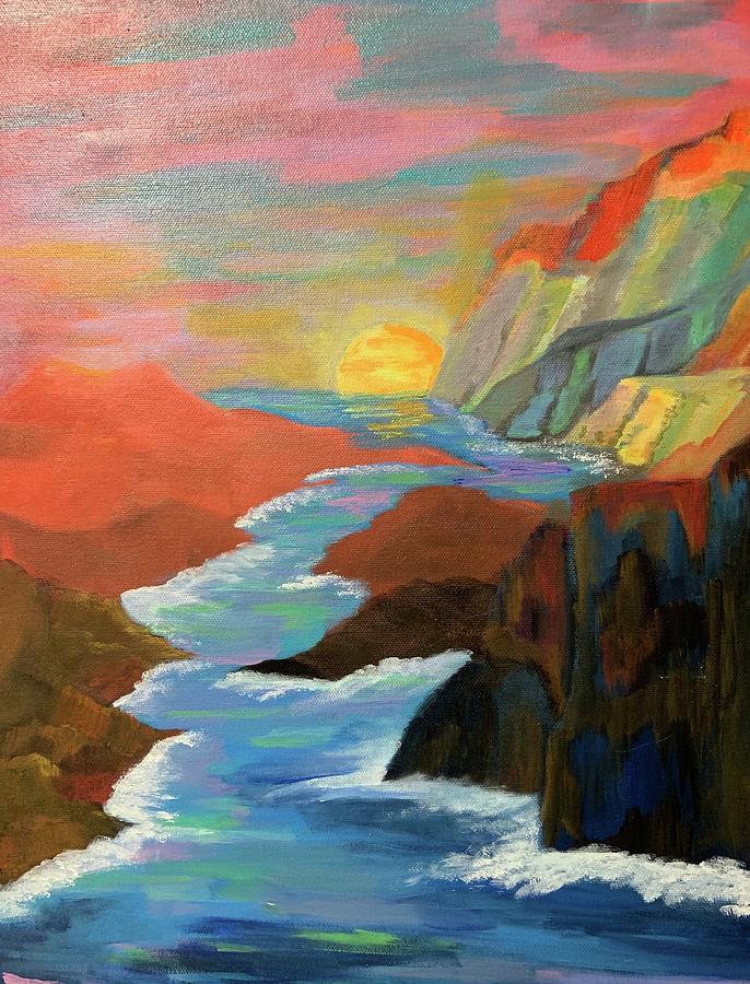 Rainbow sunset on river and mountains Painting by Monica Martinez ...