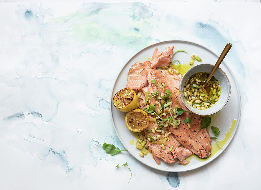 Rainbow Trout With Spring Onion, Pine Nut And Preserved Lemon Salsa Photograph by Great Stock!