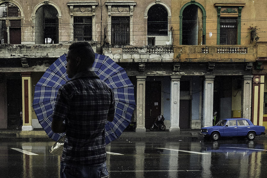 Umbrella Photograph - Rainy Blue Day In Havana by Andreas Bauer