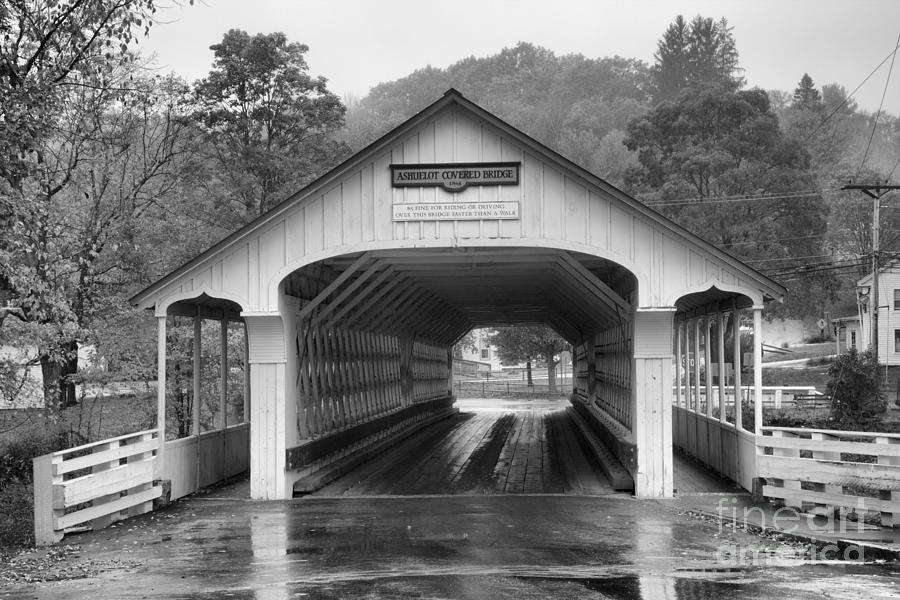 Rainy Day At The Ashuelot Covered Bridge Black And White Photograph by Adam Jewell