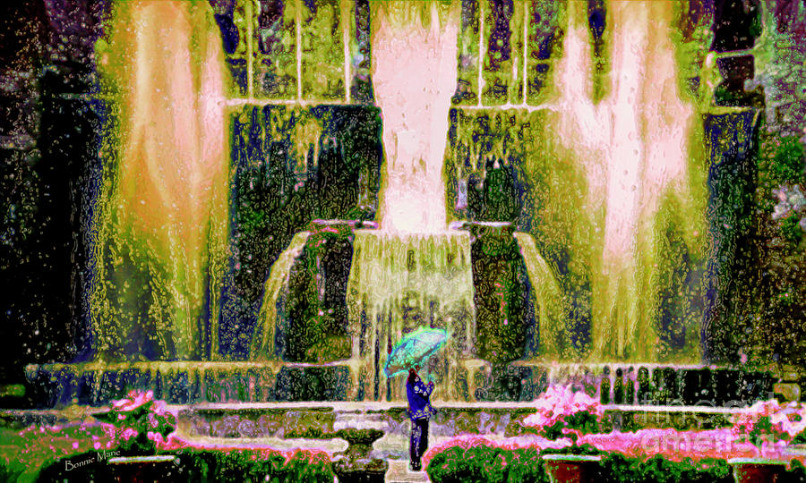 Rainy Day Lady by Italian Fountains and Flowers Painting by Bonnie Marie