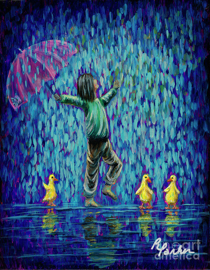 Rainy Day Series, Wet Little Ducks Painting by Rebecca Parker