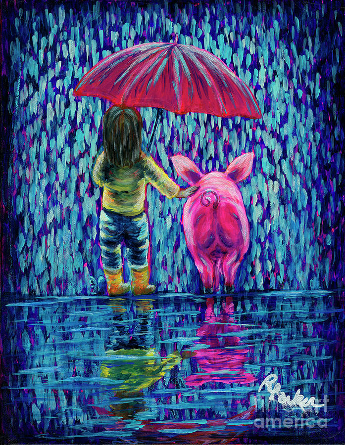 Rainy Day Series, Wet Little Piggy Painting by Rebecca Parker