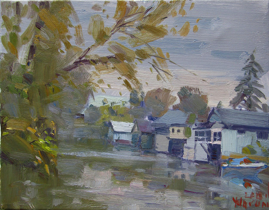Fall Painting - Rainy Fall by Boathouses by Ylli Haruni