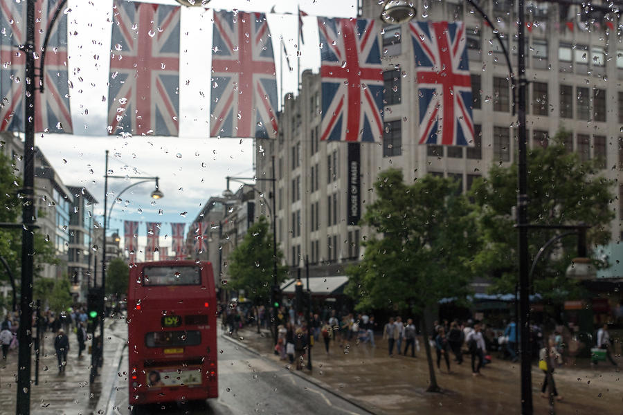 Rainy London - Oxford Street Red Double Decker Bus And Union Jacks Photograph