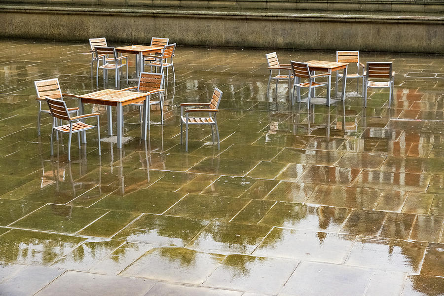 Rainy London Reflections - Deserted Alfresco Cafe Photograph
