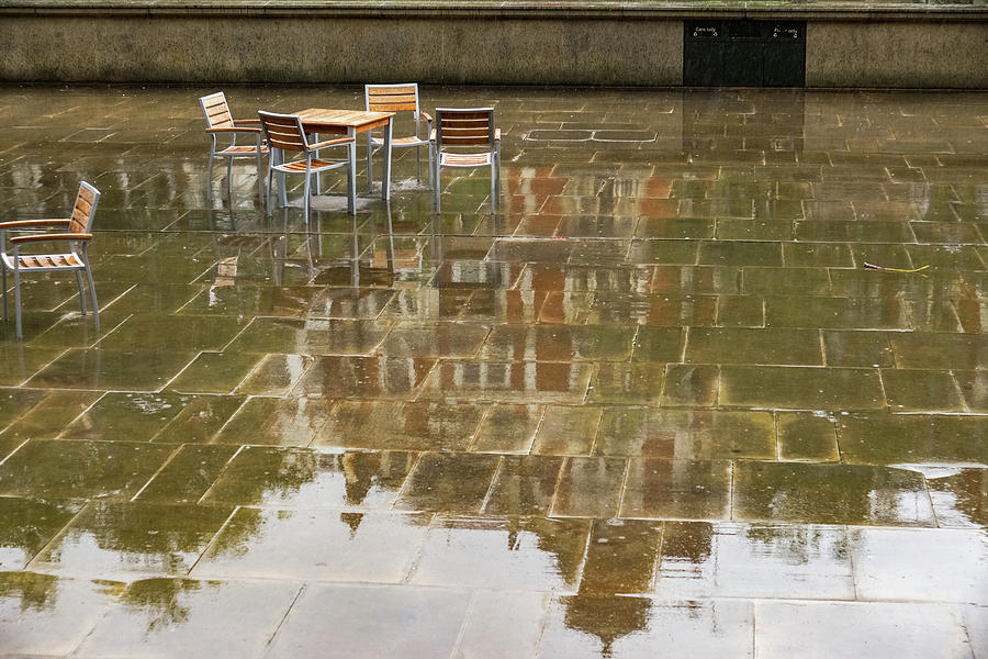 Rainy London Reflections - Deserted Courtyard Cafe Photograph