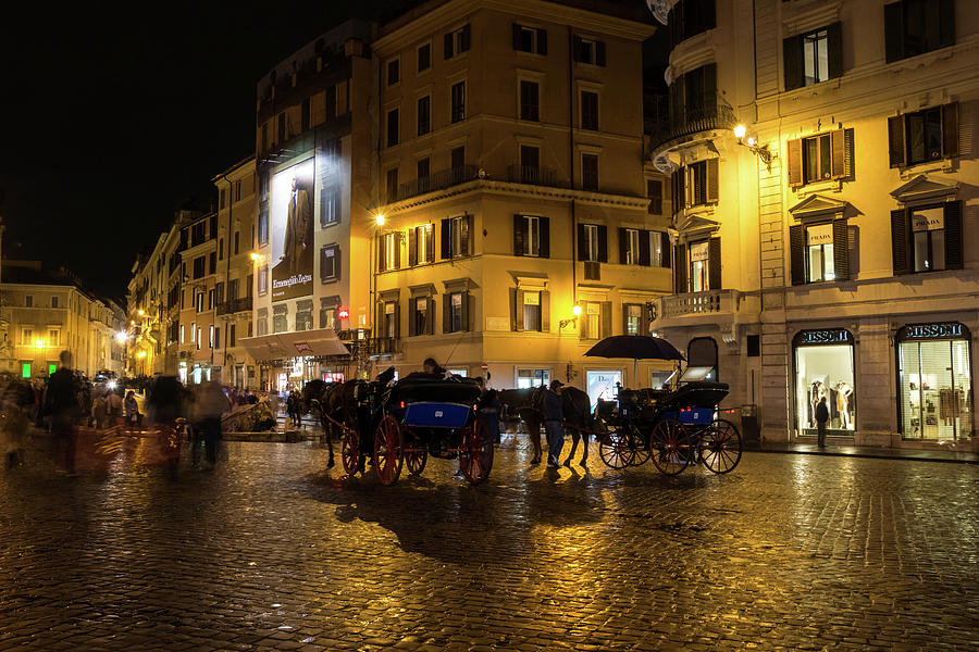 Rainy Rome - Slo Mo Shoppers and Horse Carriages on Golden Piazza di Spagna Photograph by Georgia Mizuleva