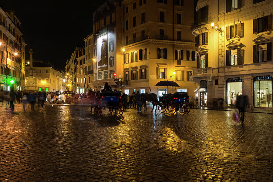 Rainy Rome - Slo Mo Shoppers Horses and Carriages on Glowing Piazza di Spagna Photograph by Georgia Mizuleva