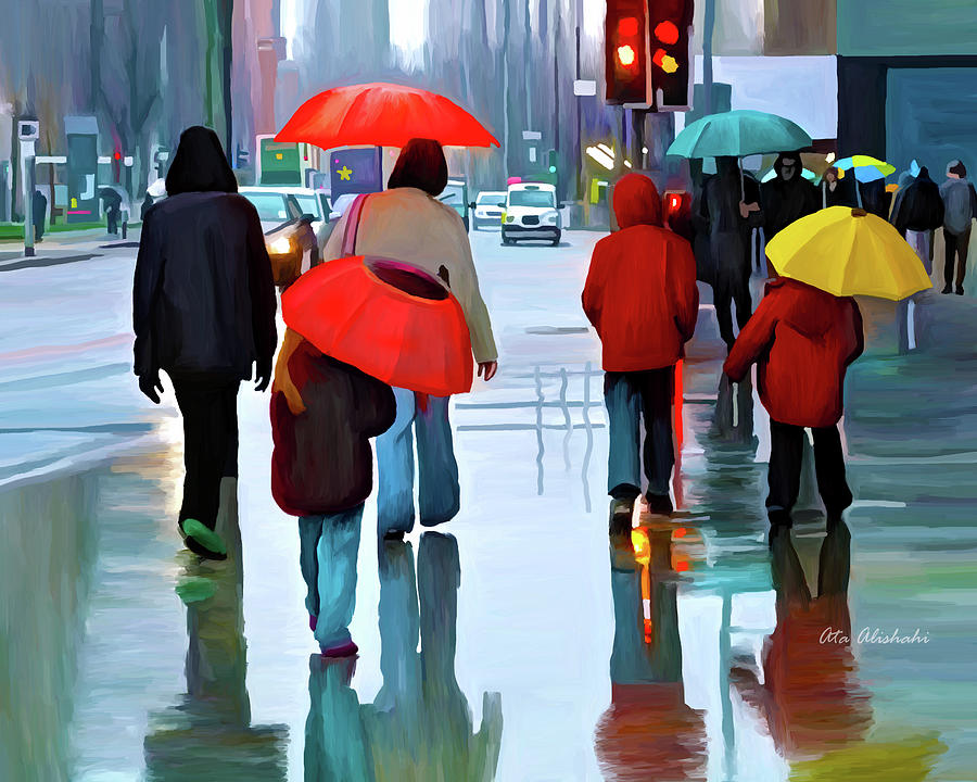 Umbrella Mixed Media - Rainy Street by Ata Alishahi