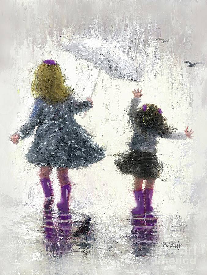 Rainy Walk With Sister Blonde and Brunette Painting by Vickie Wade