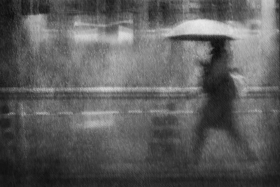 Black And White Photograph - Rainy Walker by Ekkachai Khemkum