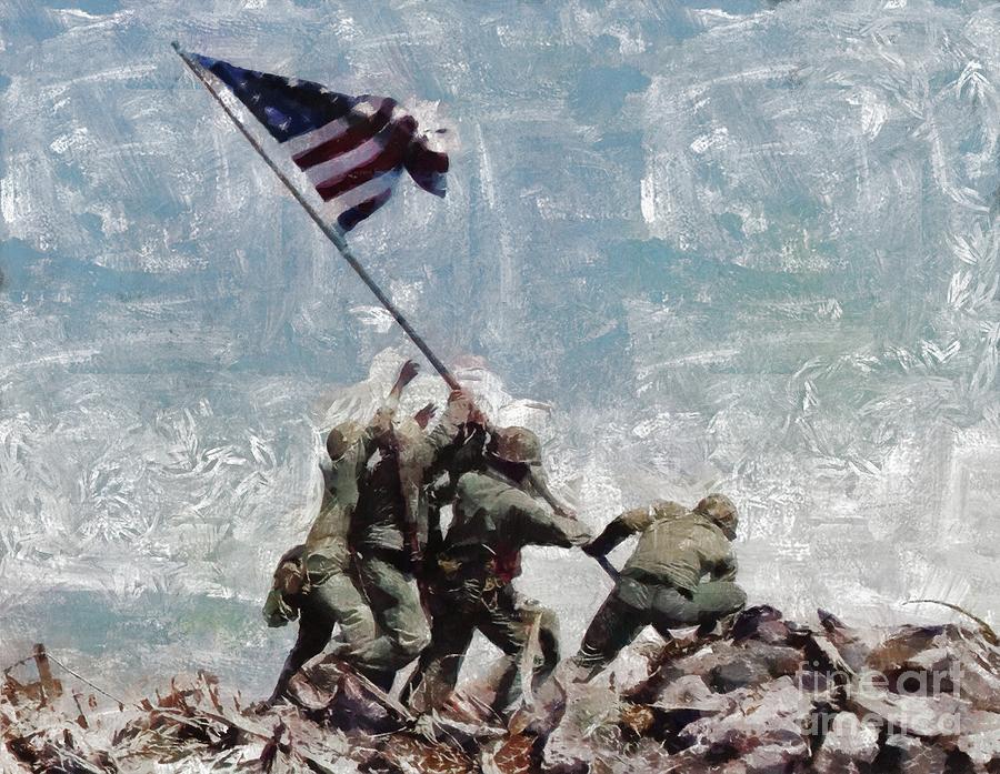 Raising the Flag on Iwo Jima, WWII Painting by Esoterica Art Agency