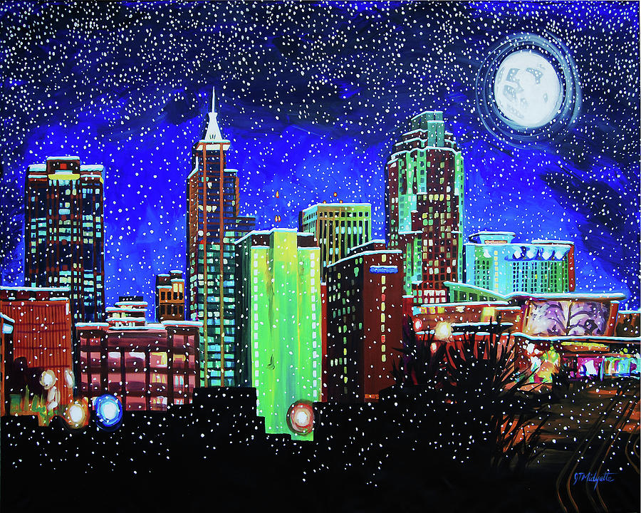 Raleigh Skyline winter night 16 x 20 ratio Painting by Tommy Midyette